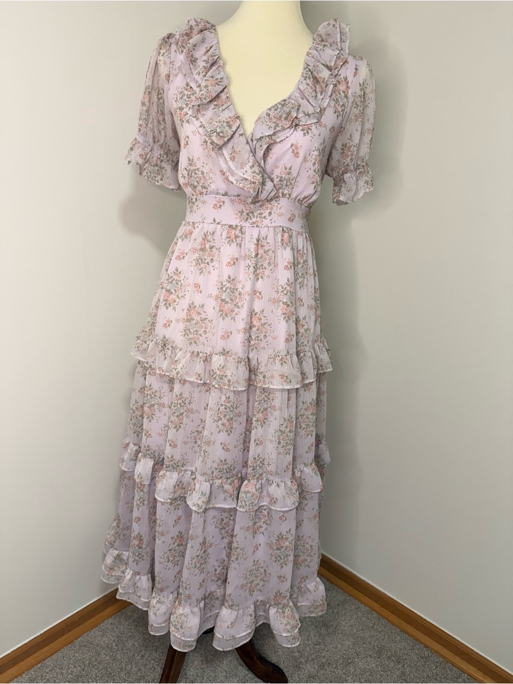 Altar'd State Lavender-Pink Floral Midi Dress with Ruffles